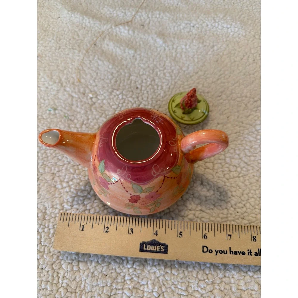 Tracy Porter Hand Painted Mini Teapot Floral Rose Bud‎ Lid Whimsical Ceramic